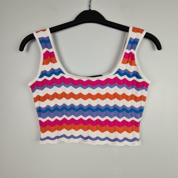 MINKPINK Women's Wilma Pointelle Knit Tank Top Cropped Striped Large Colorful - Picture 1 of 8